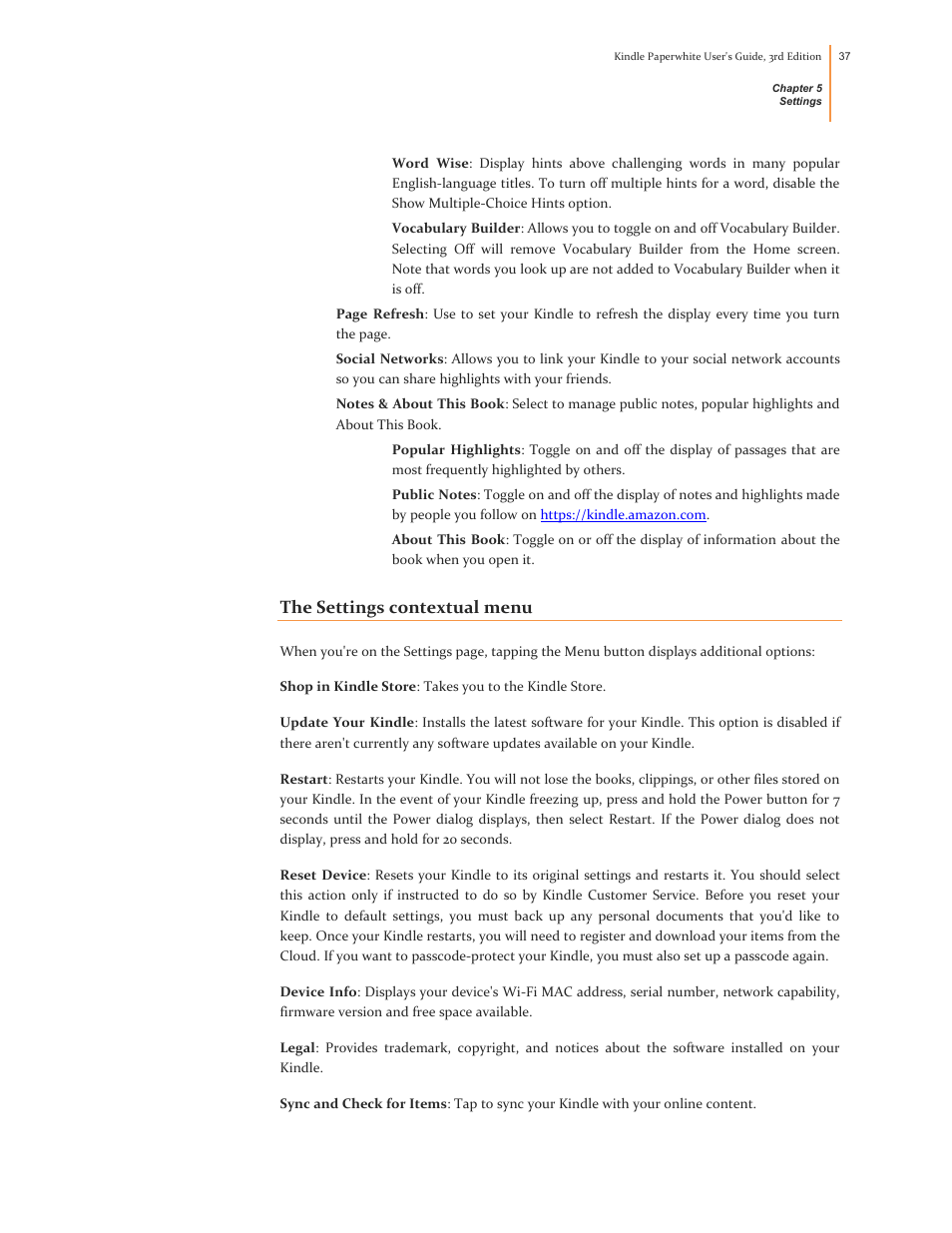 The settings contextual menu | Kindle Paperwhite (2nd Generation) User Manual | Page 37 / 47