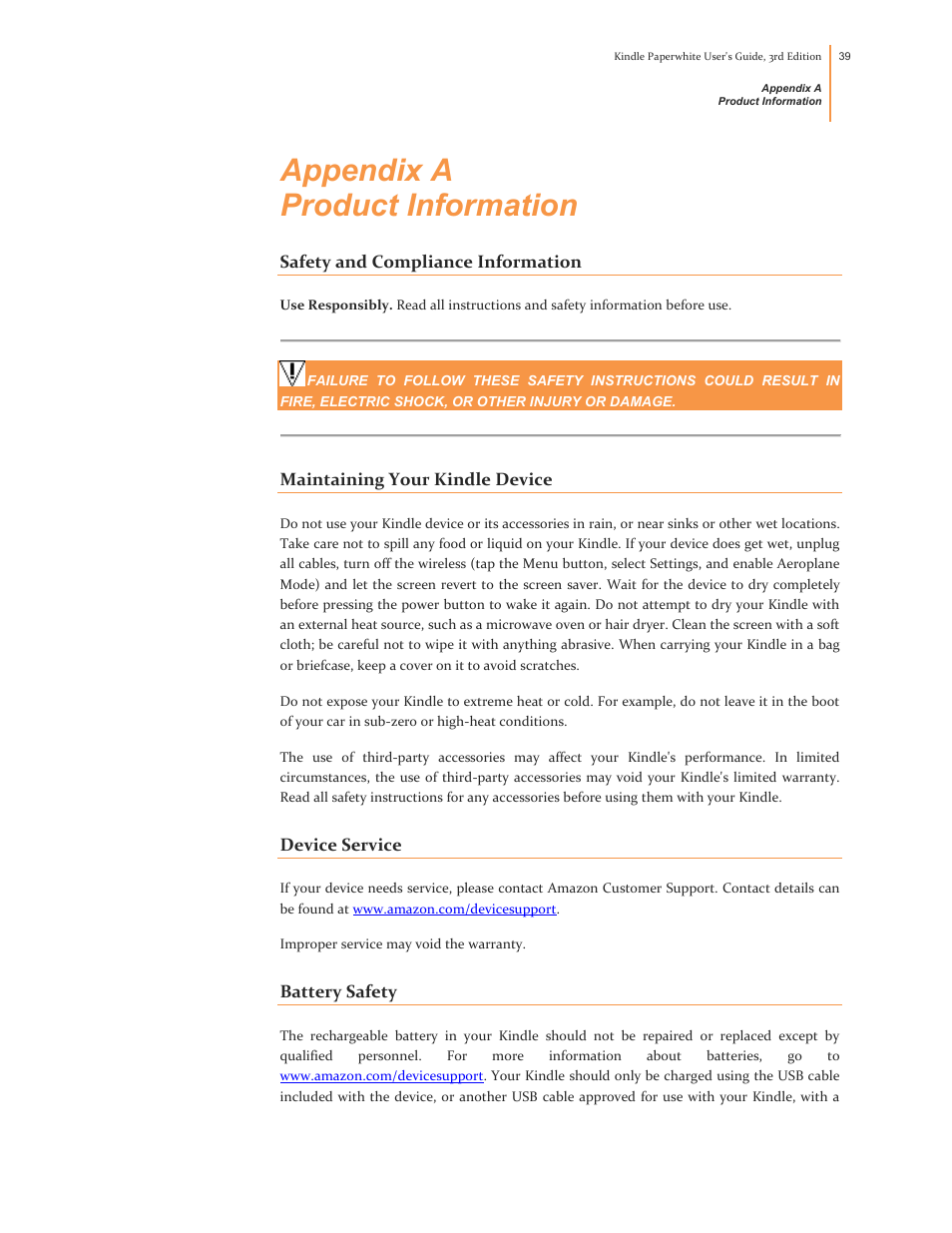 Appendix a product information, Safety and compliance information, Maintaining your kindle device | Device service, Battery safety | Kindle Paperwhite (2nd Generation) User Manual | Page 39 / 47