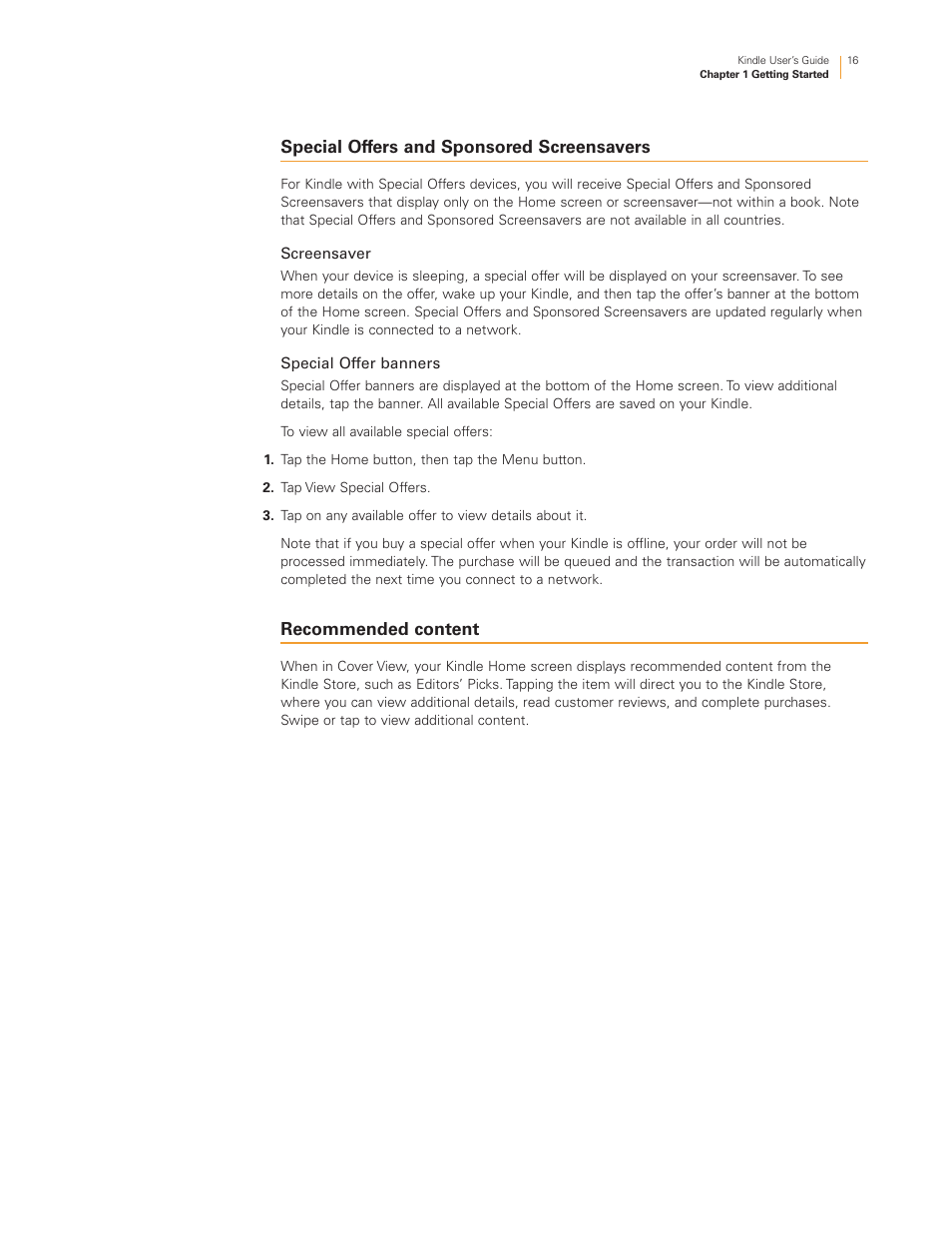 Recommended content, Special offers and sponsored screensavers | Kindle Touch 3G User Manual | Page 16 / 36