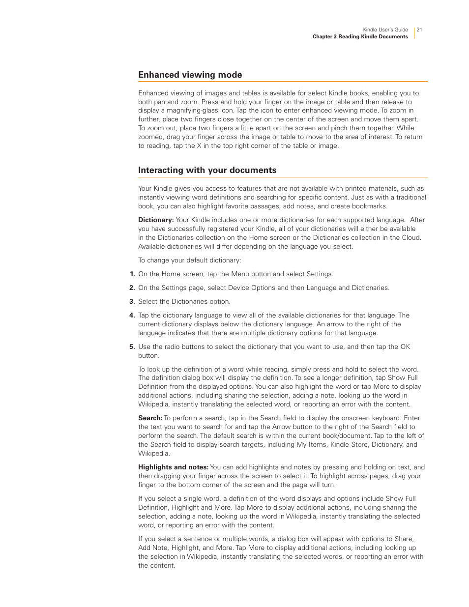 Enhanced viewing mode, Interacting with your documents | Kindle Touch 3G User Manual | Page 21 / 36