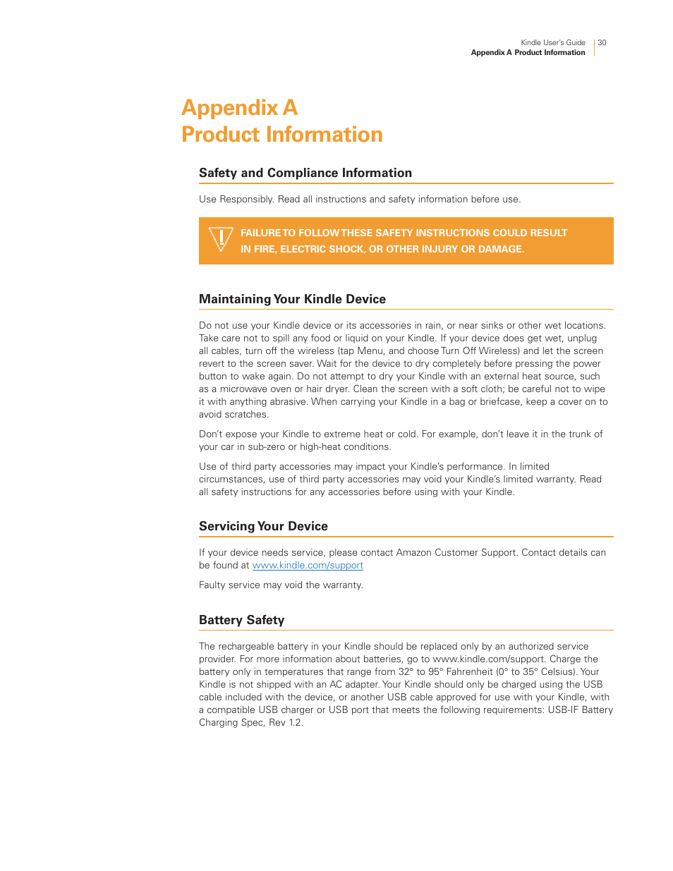 Appendix a product information, Safety and compliance information, Maintaining your kindle device | Servicing your device, Battery safety | Kindle Touch 3G User Manual | Page 30 / 36