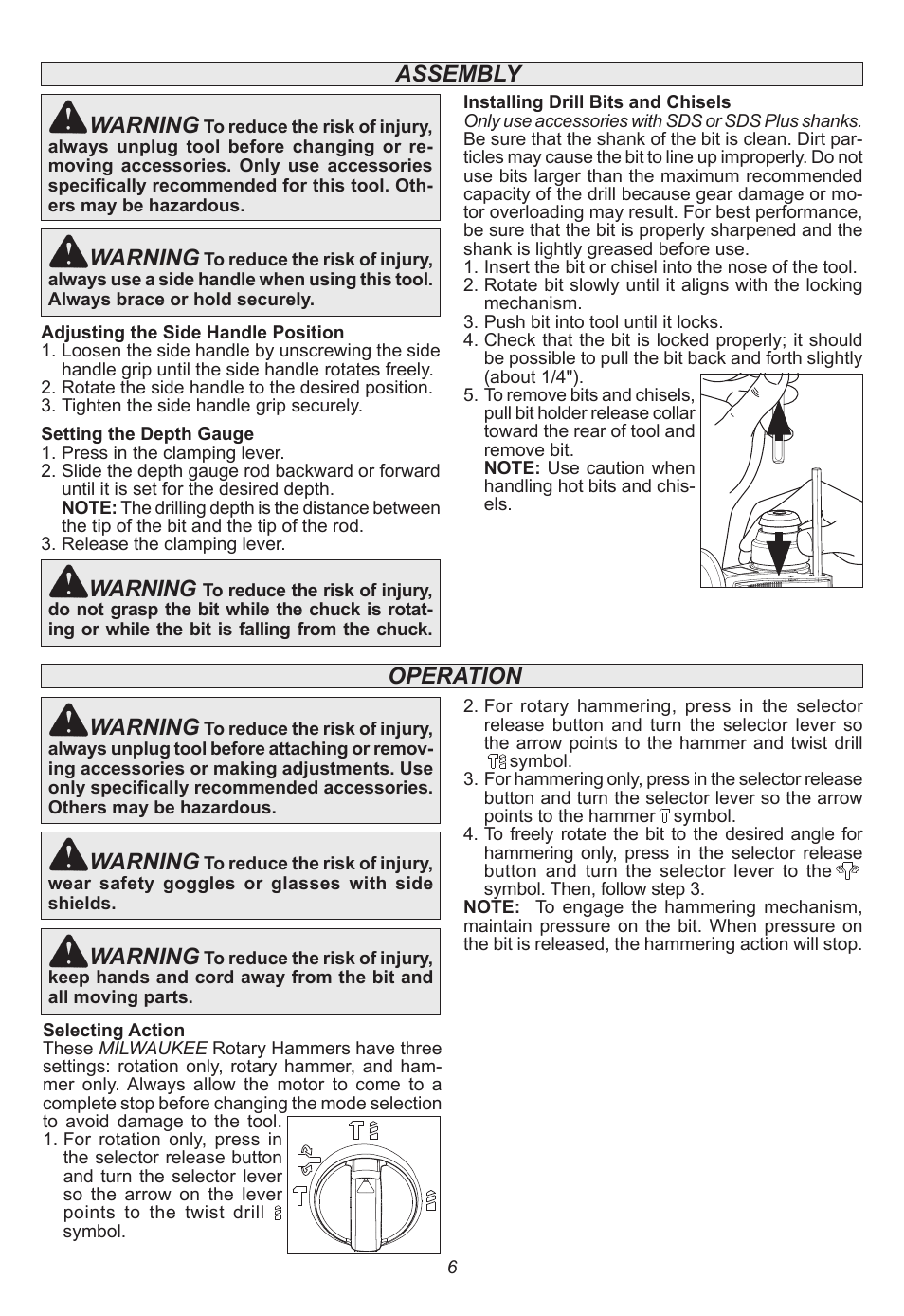 Assembly, Operation, Warning | Milwaukee Tool 5262-21 User Manual | Page 6 / 24