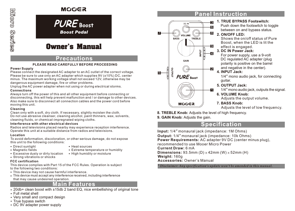 MOOER Pure Boost User Manual | 1 page