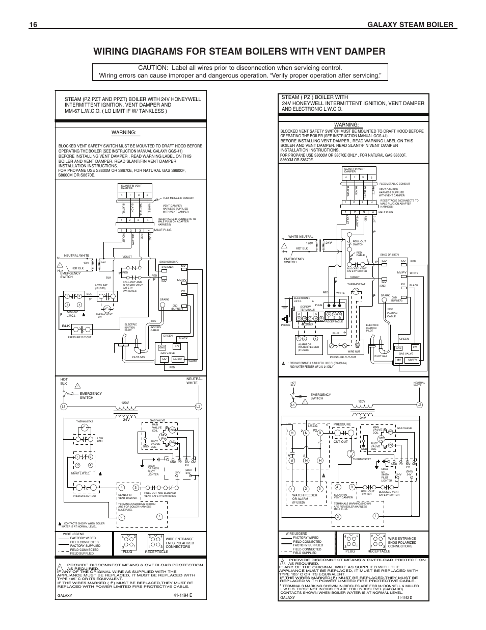 Wiring diagrams for steam boilers with vent damper, 16 galaxy steam boiler, Warning | Slant/Fin GXHA-200 User Manual | Page 16 / 20
