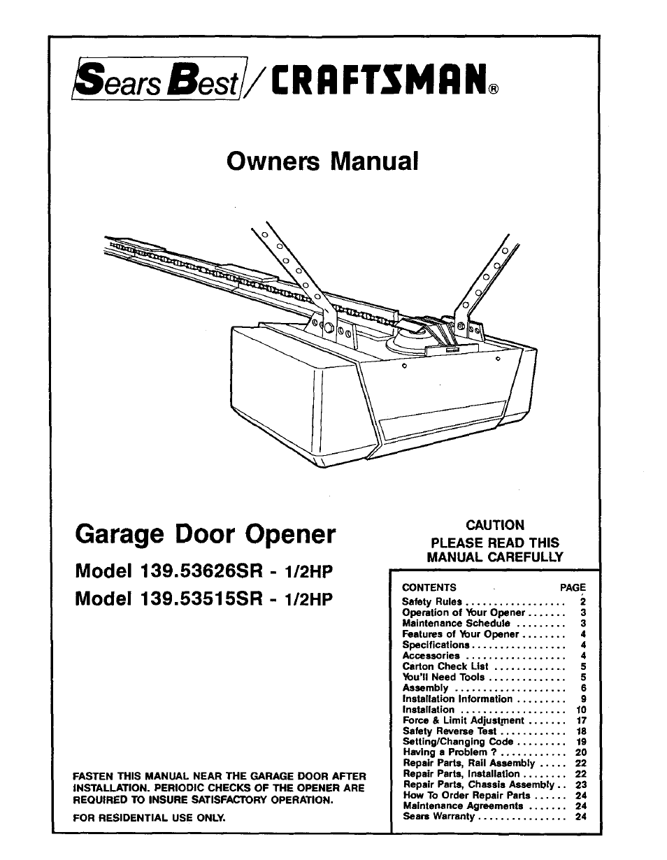 Craftsman 1/2HP Garage Door Opener 139.53515SR User Manual | 24 pages