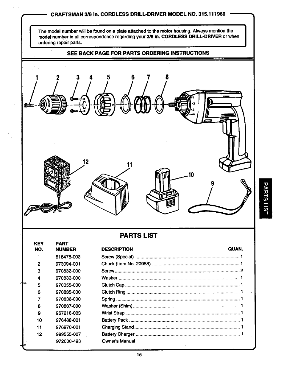 Parts list | Craftsman 315.11196 User Manual | Page 15 / 16