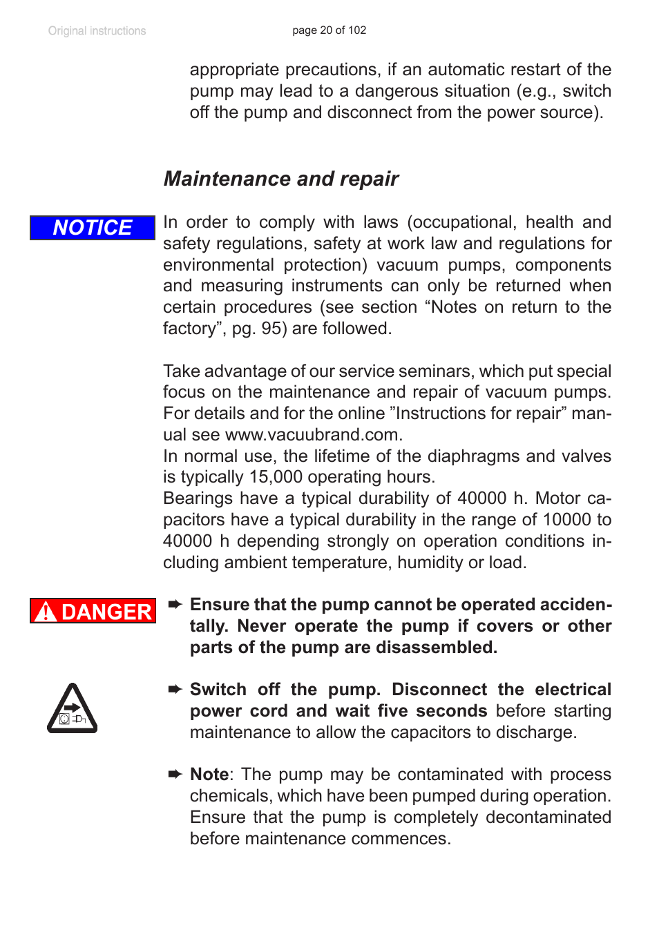 Maintenance and repair, Notice | VACUUBRAND MZ 1C User Manual | Page 20 / 102
