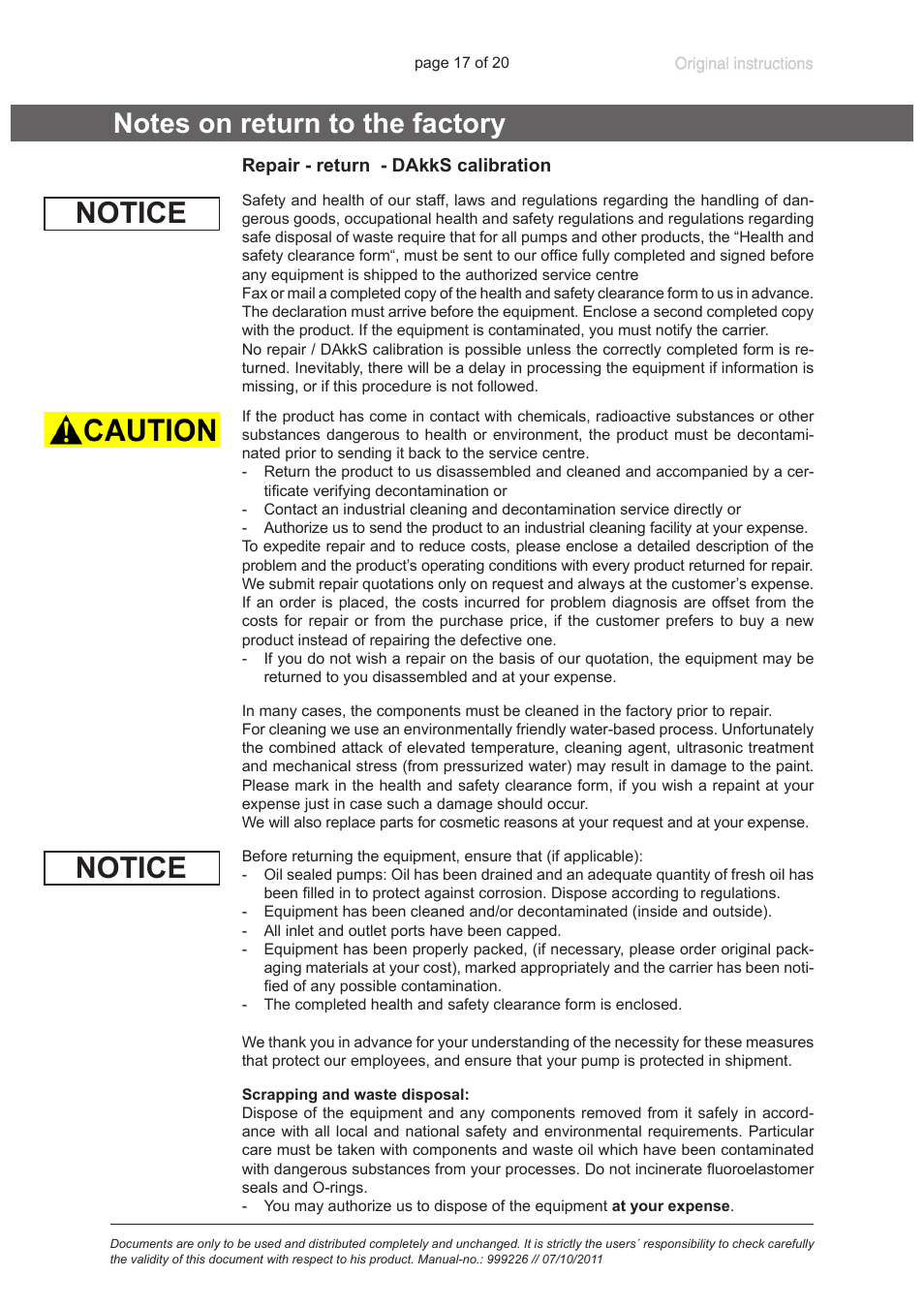 Notes on return to the factory, Notice | VACUUBRAND MPT 200 User Manual | Page 17 / 20