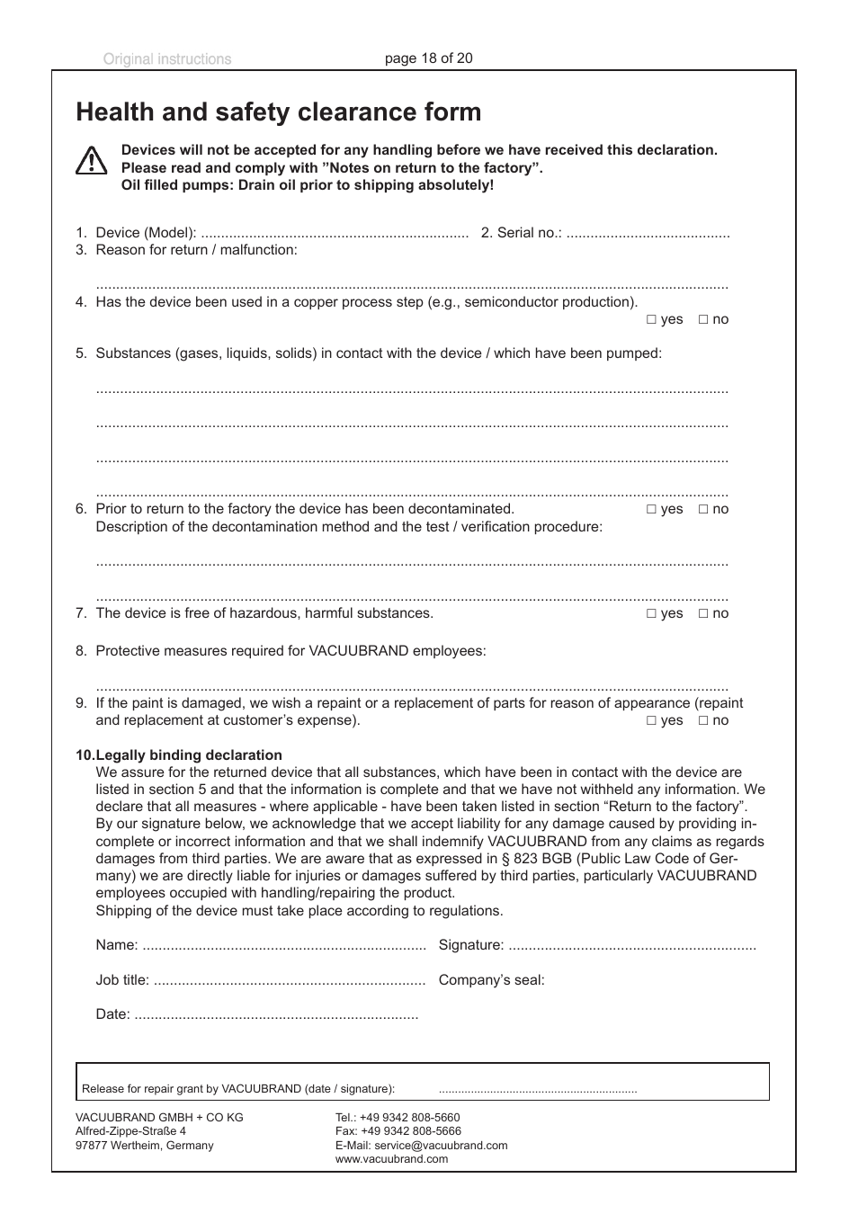 Health and safety clearance form | VACUUBRAND MPT 200 User Manual | Page 18 / 20