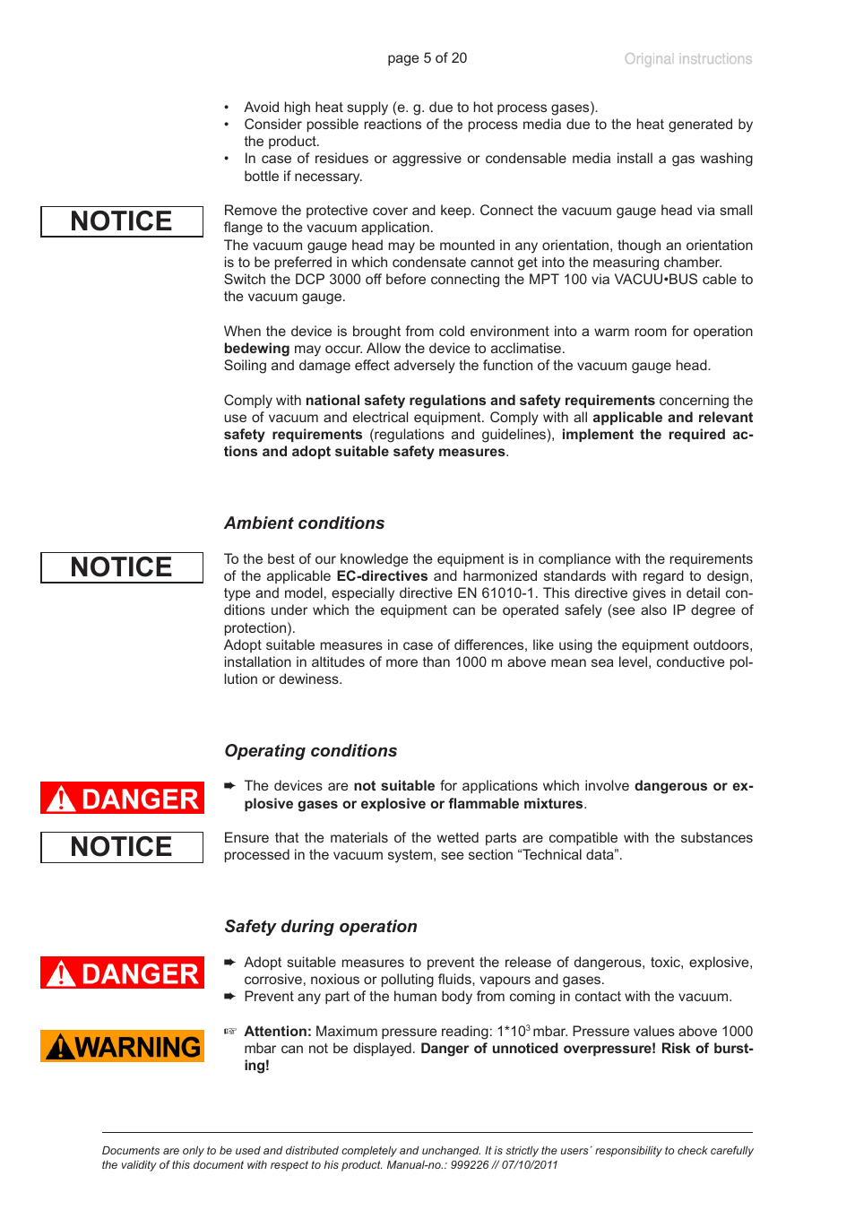 Ambient conditions, Operating conditions, Safety during operation | Notice | VACUUBRAND MPT 200 User Manual | Page 5 / 20
