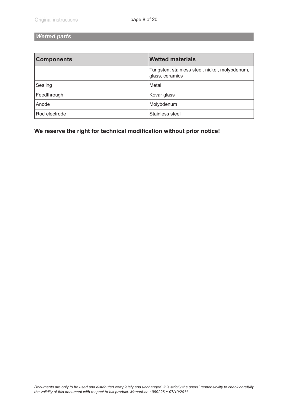 Wetted parts | VACUUBRAND MPT 200 User Manual | Page 8 / 20