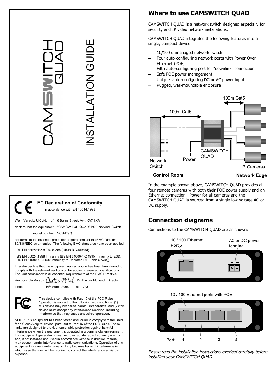 Veracity CAMSWITCH QUAD (Superceded by CAMSWITCH 4 PLUS) User Manual | 2 pages