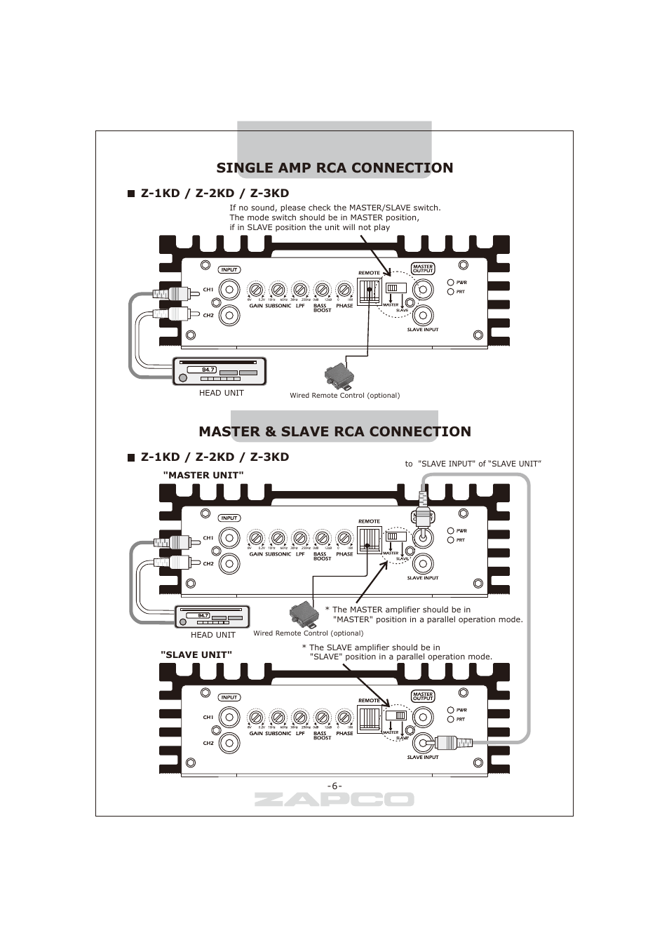 Single amp rca connection, Master & slave rca connection | Zapco Z-series D User Manual | Page 7 / 12