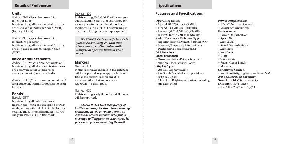 Speciﬁcations details of preferences | Escort 9500ix User Manual | Page 11 / 18