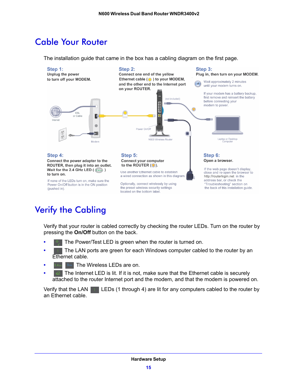 Cable your router, Verify the cabling, Cable your router verify the cabling | NETGEAR N600 Wireless Dual Band Router WNDR3400v2 User Manual | Page 15 / 120