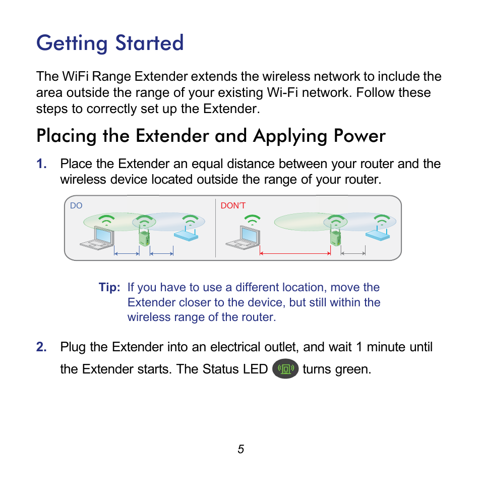 Getting started, Placing the extender and applying power | NETGEAR Universal WiFi Range Extender WN2000RPT User Manual | Page 5 / 16