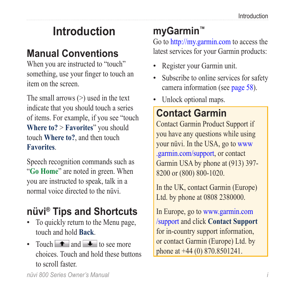 Introduction, Manual conventions, Nüvi® tips and shortcuts | Mygarmin, Contact garmin, Nüvi, Tips and shortcuts | Garmin nuvi 800 User Manual | Page 3 / 76