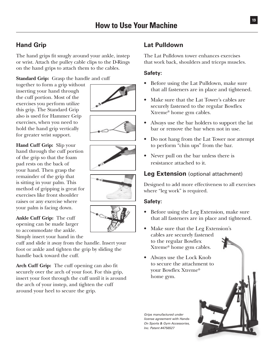 How to use your machine, Hand grip, Lat pulldown | Leg extension | Bowflex Xtreme User Manual | Page 21 / 90