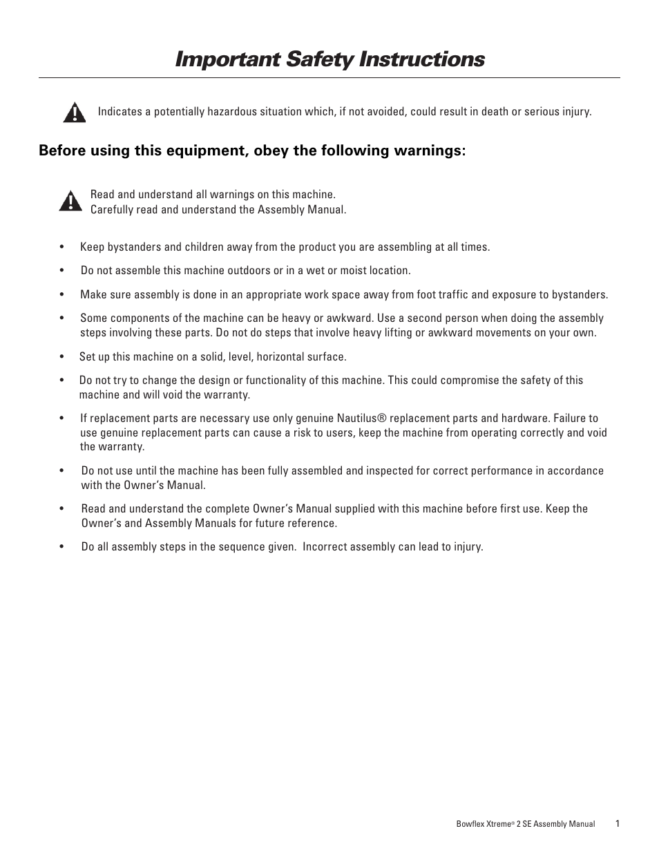 Important safety instructions | Bowflex Xtreme 2 SE User Manual | Page 5 / 28