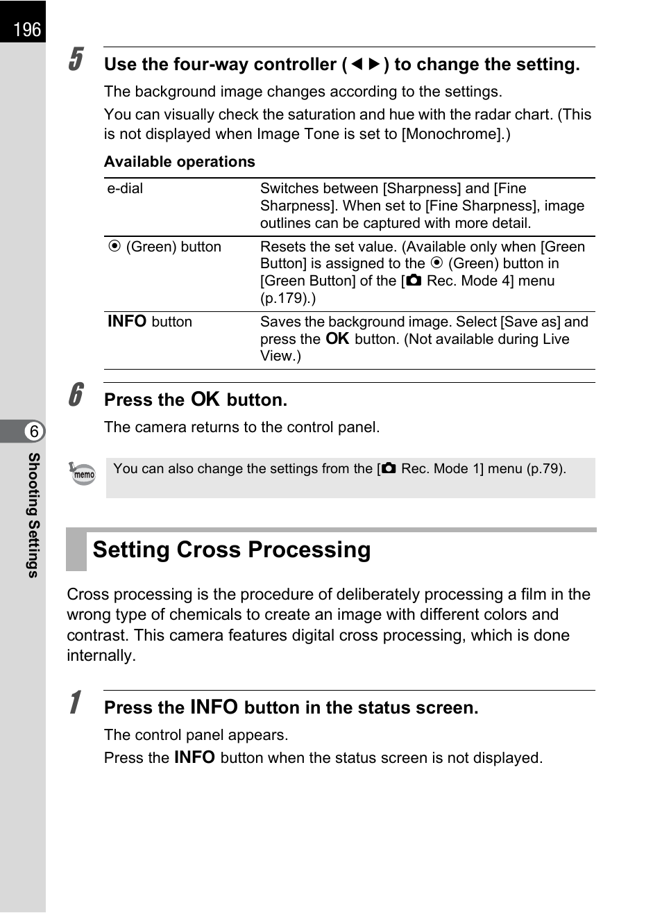 Setting cross processing, P.196), P.196 | Ng (p.196) | Pentax K-X User Manual | Page 198 / 324