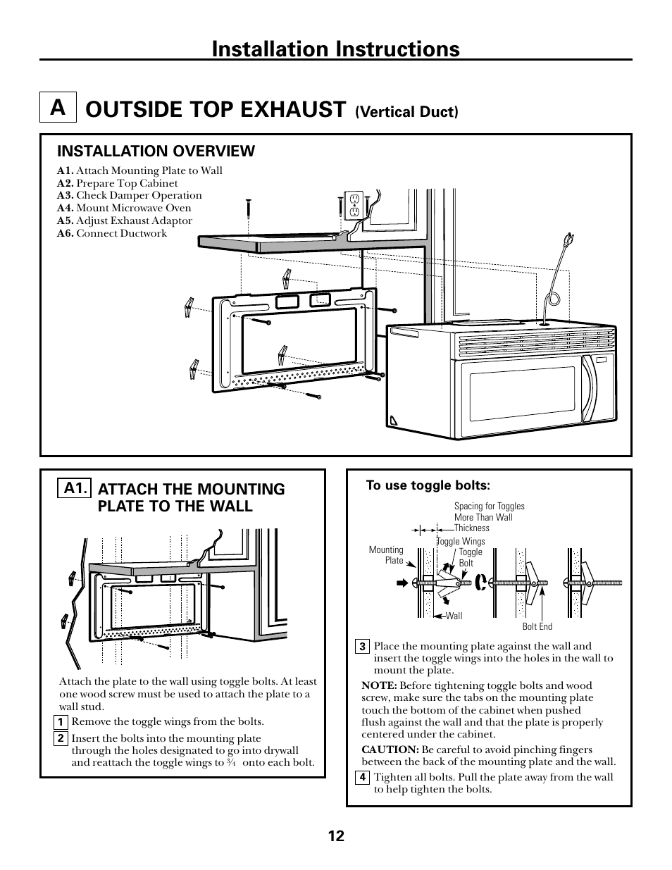 Outside top exhaust, Attach mounting plate to wall, Outside top exhaust –14 | Installation instructions, Attach the mounting plate to the wall a1. 12, Vertical duct), Installation overview | GE spacemaker xl1800 User Manual | Page 12 / 24