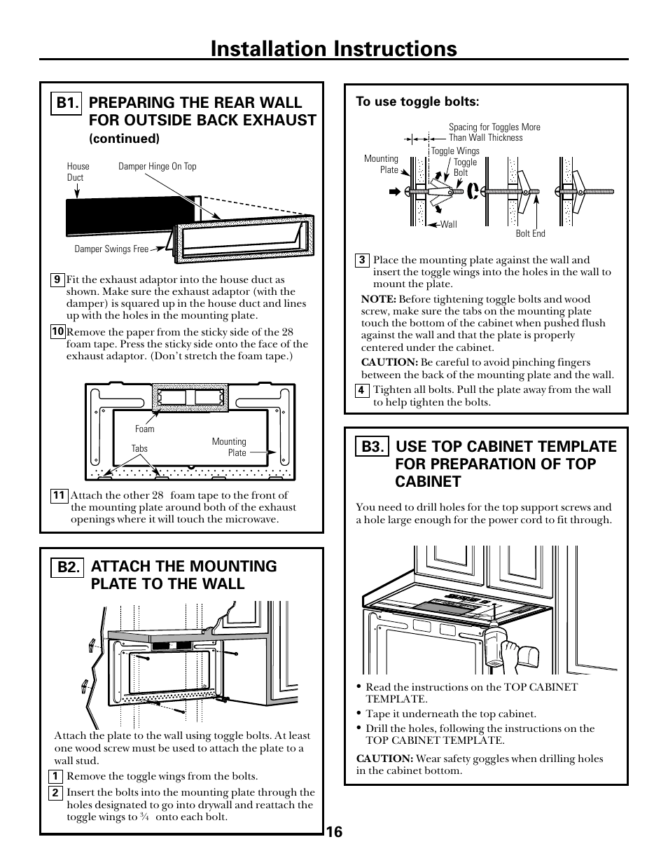 Attach mounting plate to wall, Preparation of top cabinet, Installation instructions | Attach the mounting plate to the wall b2. 16 | GE spacemaker xl1800 User Manual | Page 16 / 24