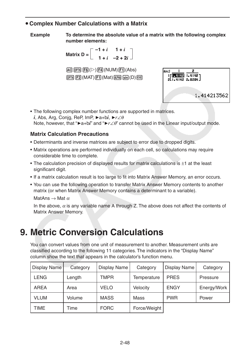 Metric conversion calculations, Mertic conversion calculations -48 | Casio FX-9750GII User Manual | Page 86 / 402