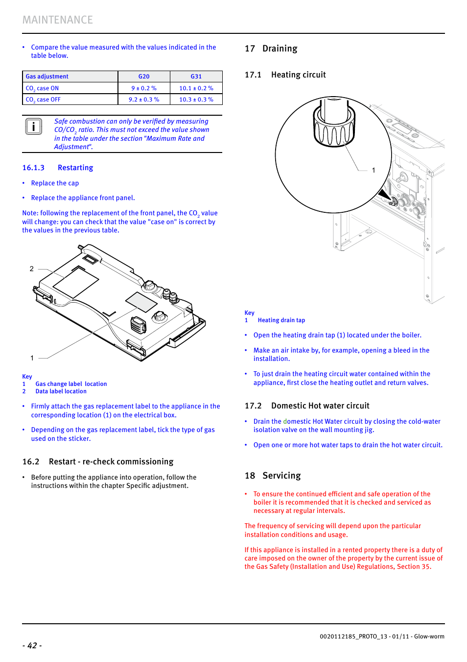 Maintenance, 17 draining, 18 servicing | Glow-worm Ultracom2 35 Store User Manual | Page 44 / 68