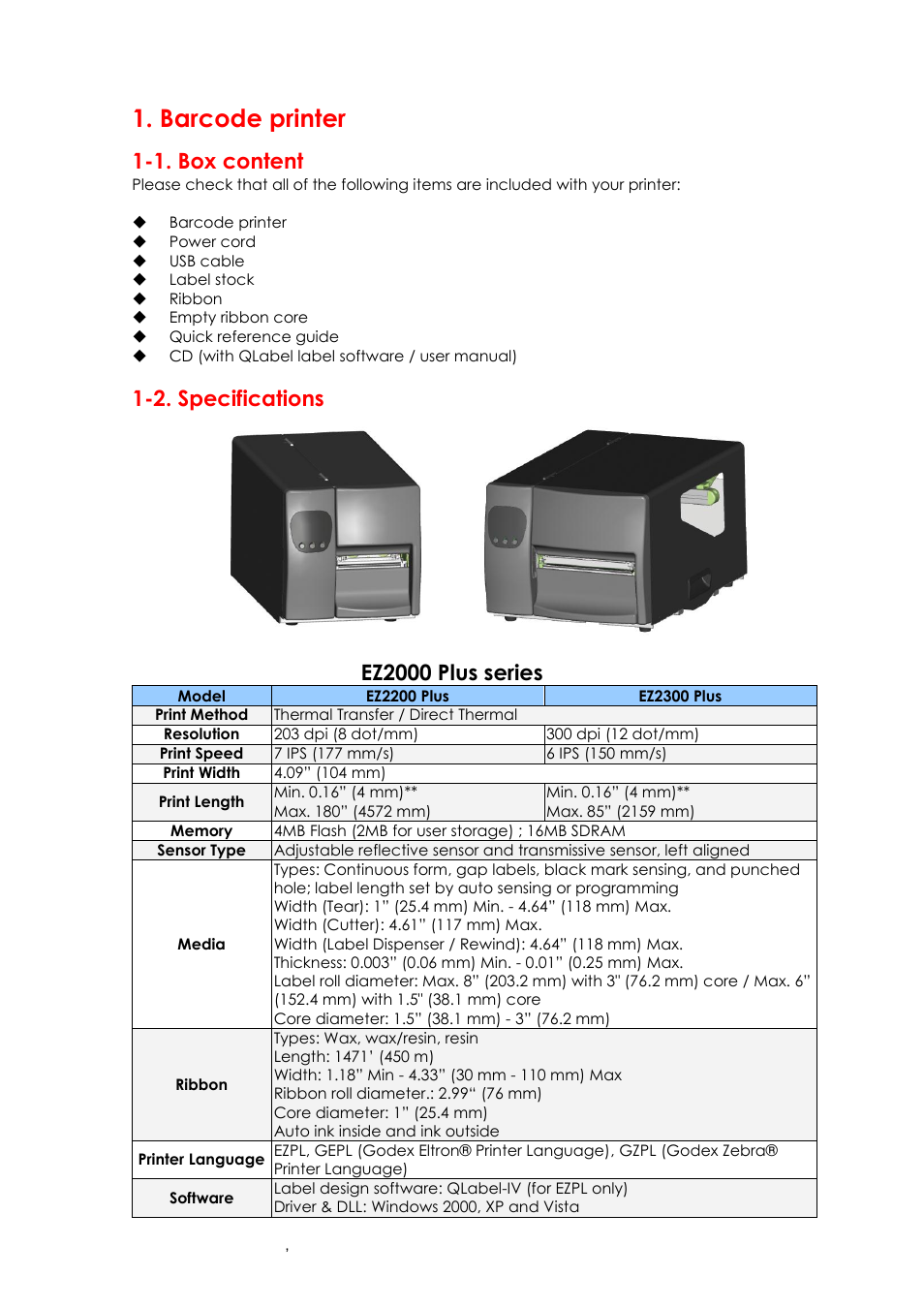 Barcode printer, 1. box content, 2. specifications | Ez2000 plus series | GoDEX EZ6000Plus series User Manual | Page 5 / 67