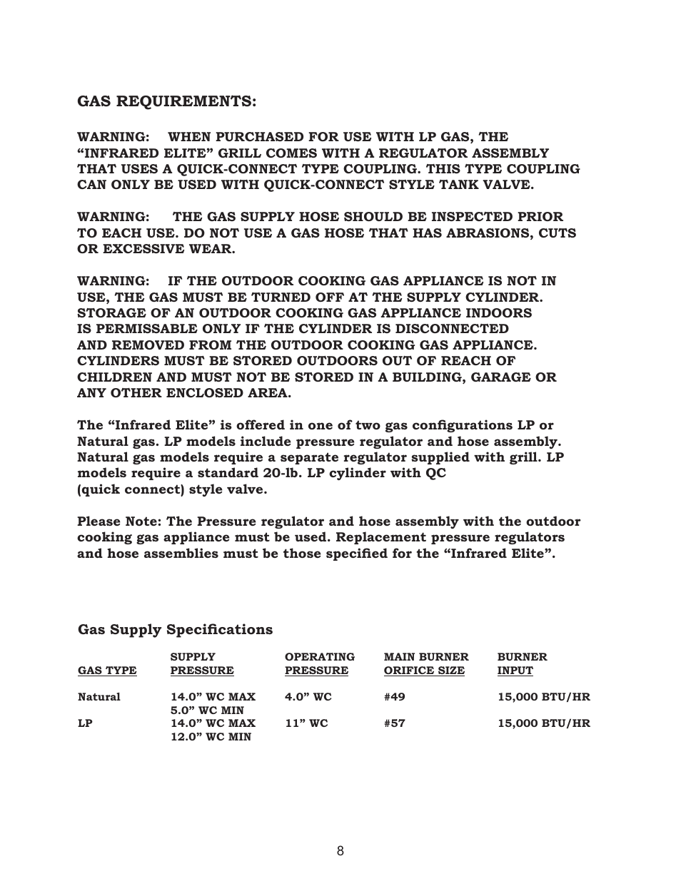 Gas requirements | Golden Blount Infrared Elite User Manual | Page 8 / 19
