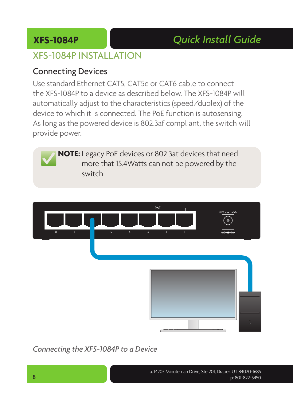 Quick install guide, Connecting devices, Connecting the xfs-1084p to a device | Luxul XFS-1084P User Manual | Page 8 / 10