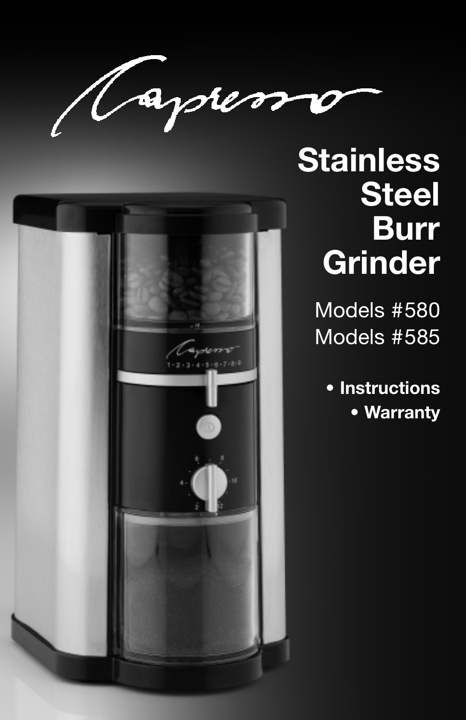 Capresso Stainless Steel Burr Grinder 580 User Manual | 6 pages