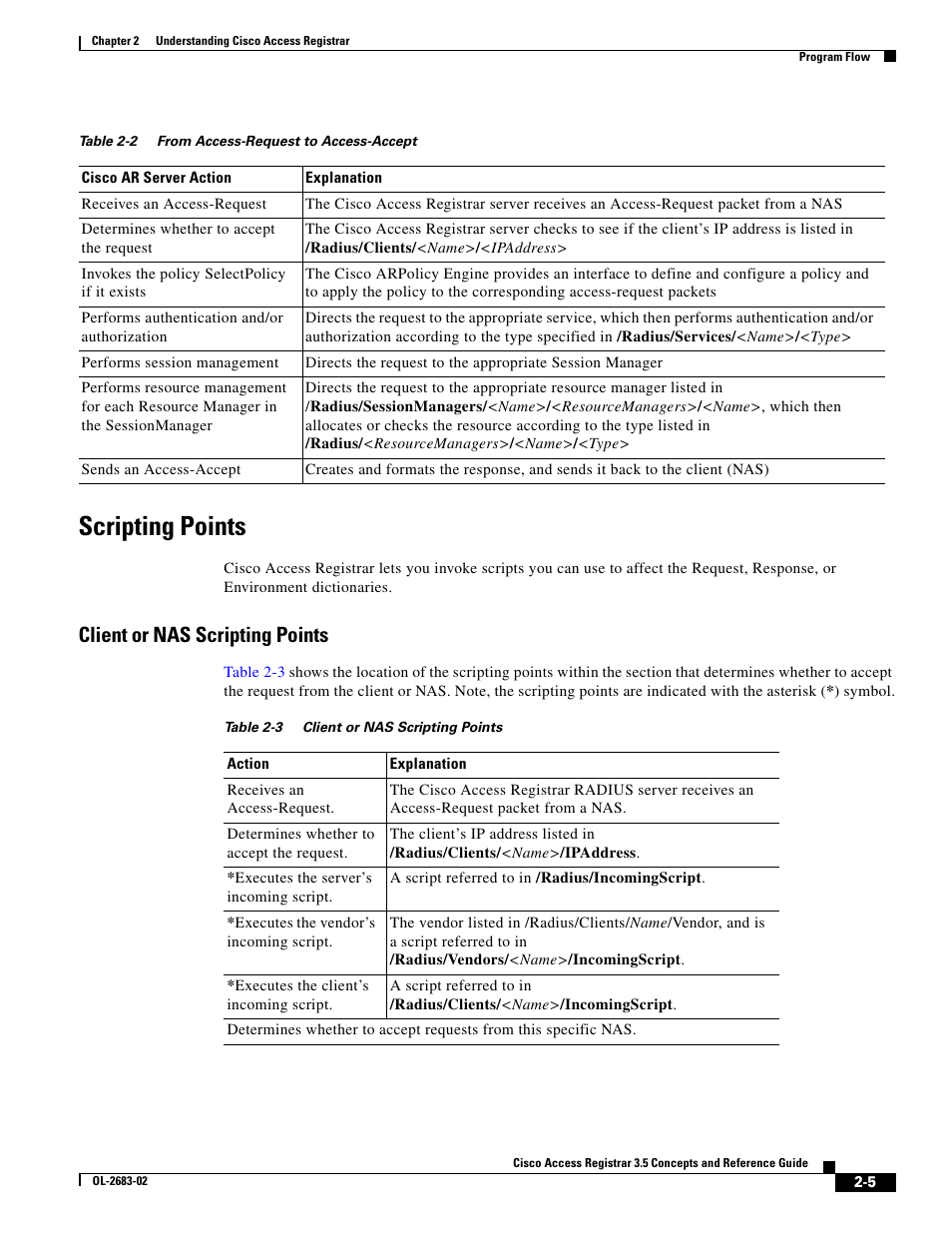 Scripting points, Client or nas scripting points, Table 2-2 | Cisco Cisco Access Registrar 3.5 User Manual | Page 23 / 80