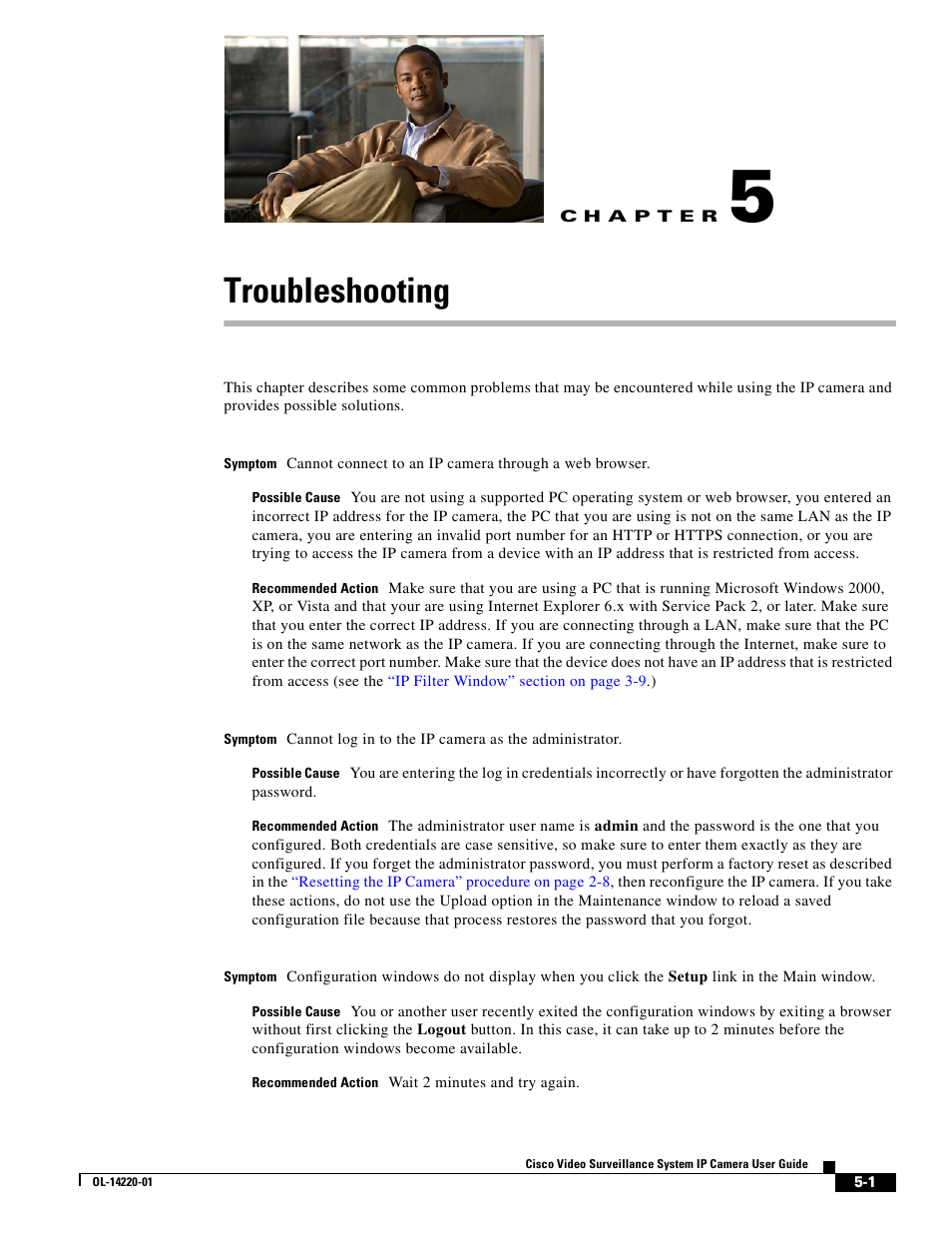Troubleshooting, C h a p t e r, Chapter 5, “troubleshooting | Cisco CIVS-IPC-2500 User Manual | Page 67 / 82