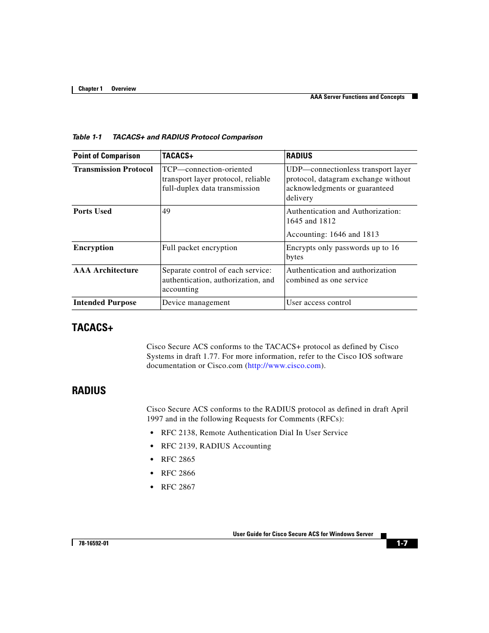 Tacacs, Radius, Table 1-1 | Cisco 3.3 User Manual | Page 47 / 860