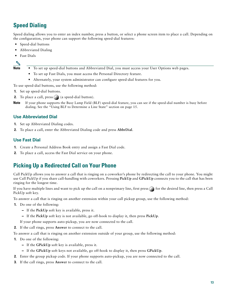 Speed dialing, Use abbreviated dial, Use fast dial | Picking up a redirected call on your phone | Cisco 7970G User Manual | Page 13 / 20
