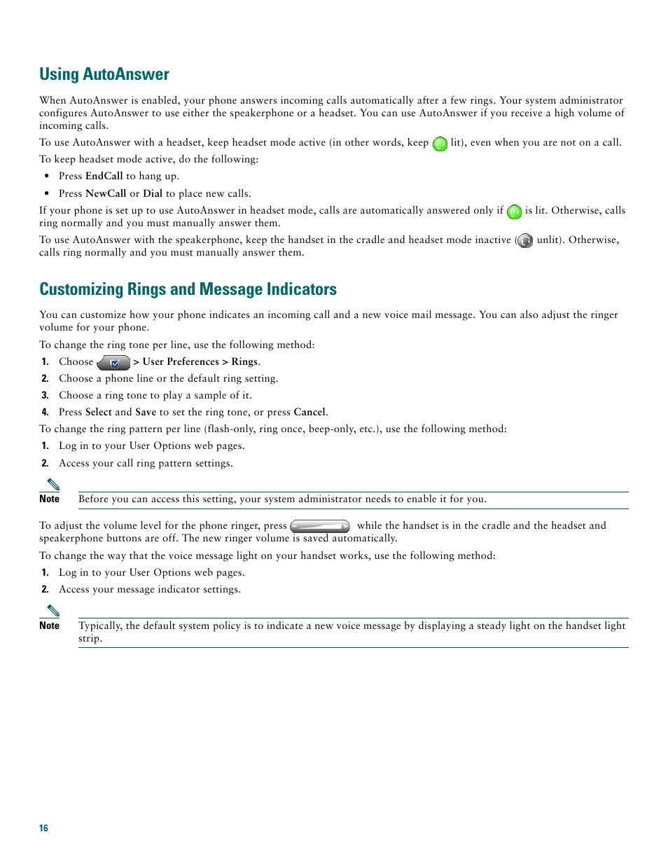Using autoanswer, Customizing rings and message indicators | Cisco 7970G User Manual | Page 16 / 20