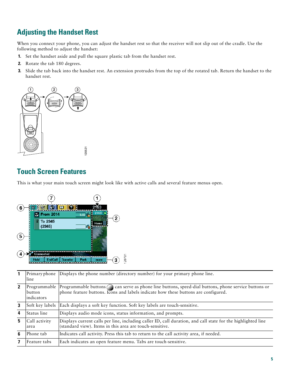 Adjusting the handset rest, Touch screen features | Cisco 7970G User Manual | Page 5 / 20