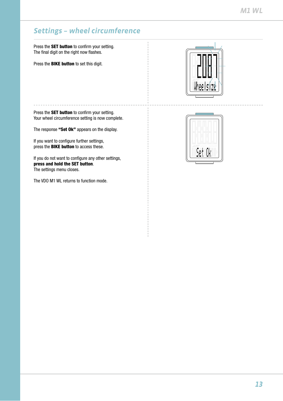 13 m1 wl, Settings – wheel circumference | VDO M1WL User Manual | Page 13 / 26