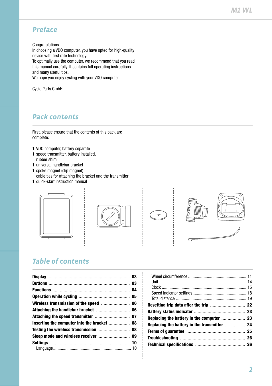 2m1 wl preface pack contents table of contents | VDO M1WL User Manual | Page 2 / 26