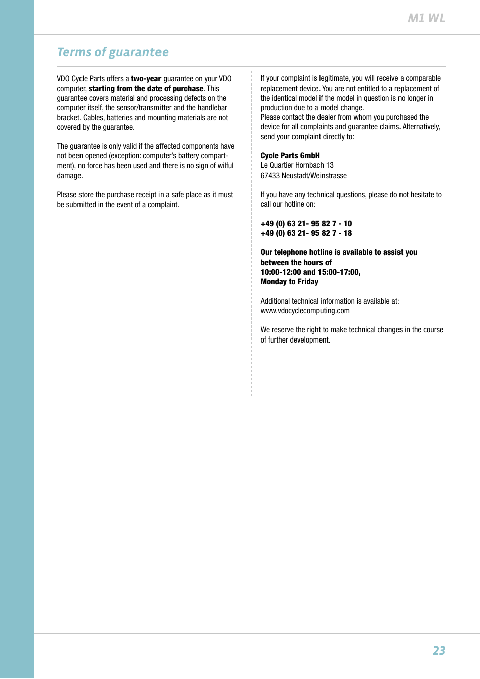 23 m1 wl terms of guarantee | VDO M1WL User Manual | Page 23 / 26