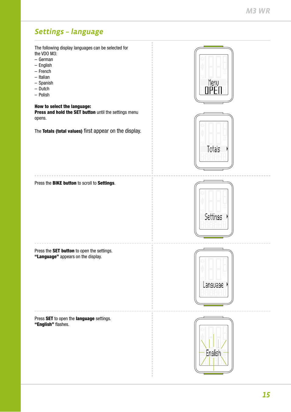 15 m3 wr settings – language | VDO M3WR User Manual | Page 15 / 39