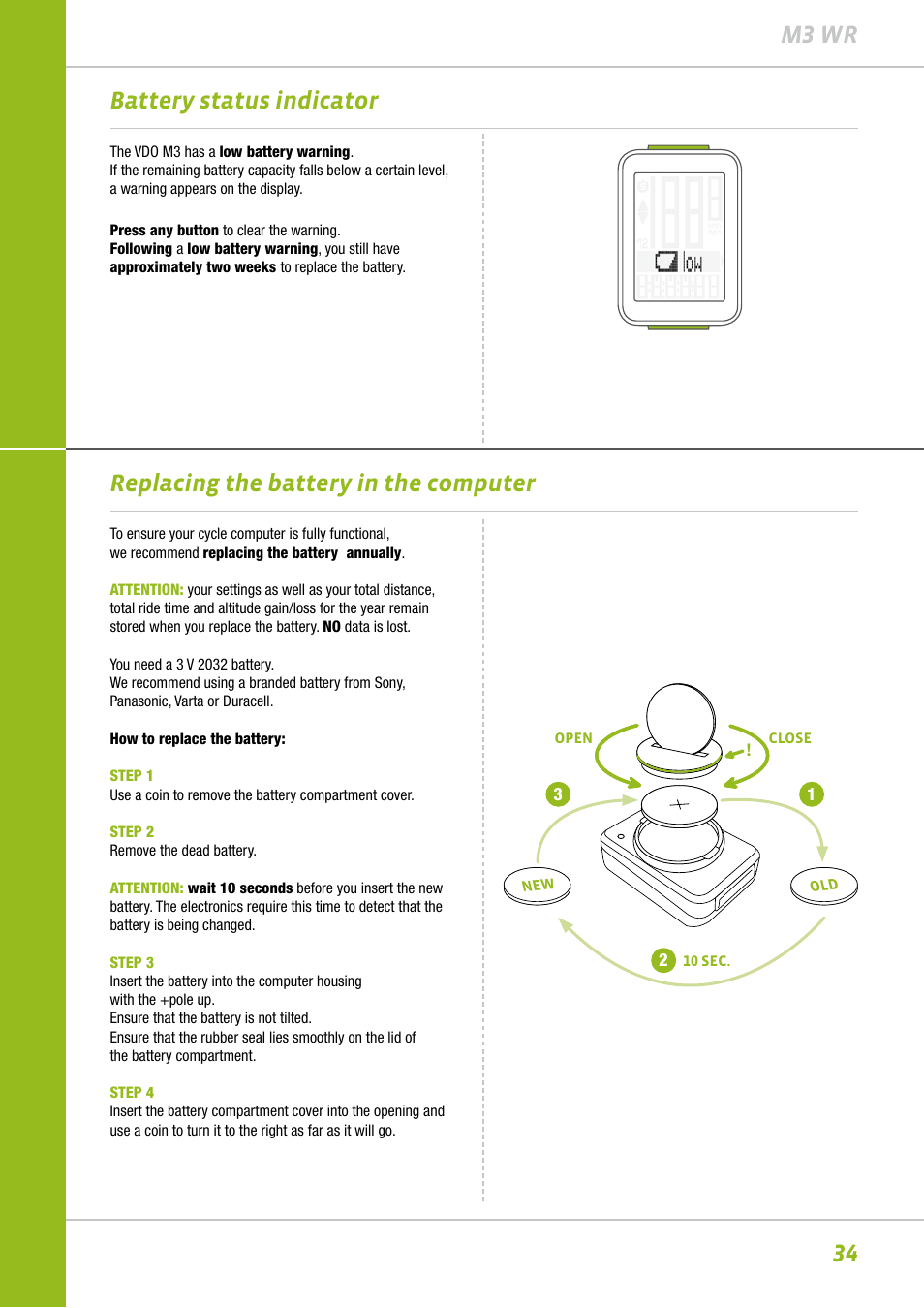 34 m3 wr, Replacing the battery in the computer, Battery status indicator | VDO M3WR User Manual | Page 34 / 39