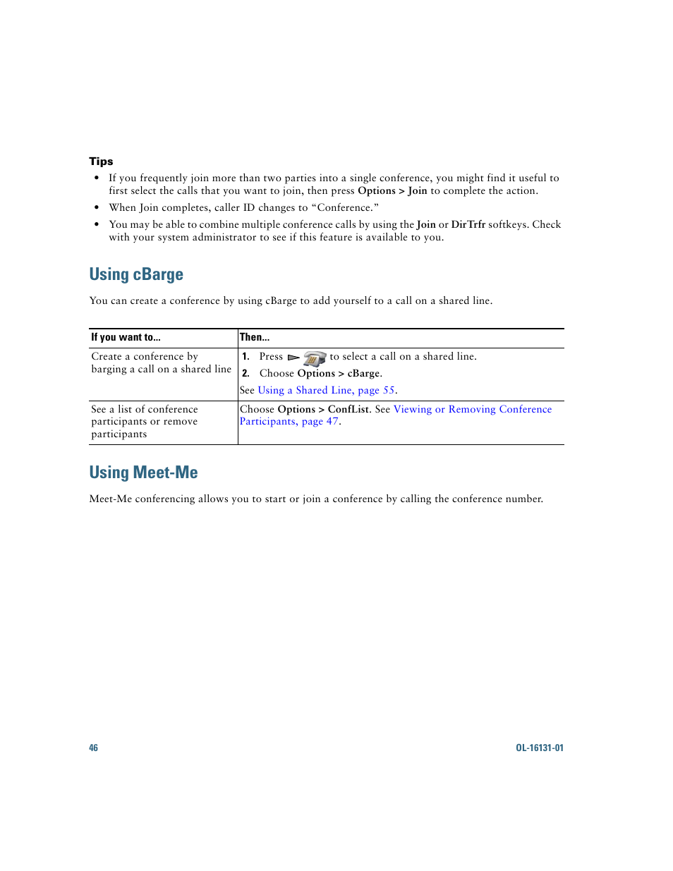 Using cbarge, Using meet-me | Cisco Cisco Unified Wireless IP Phone 7921G User Manual | Page 54 / 124