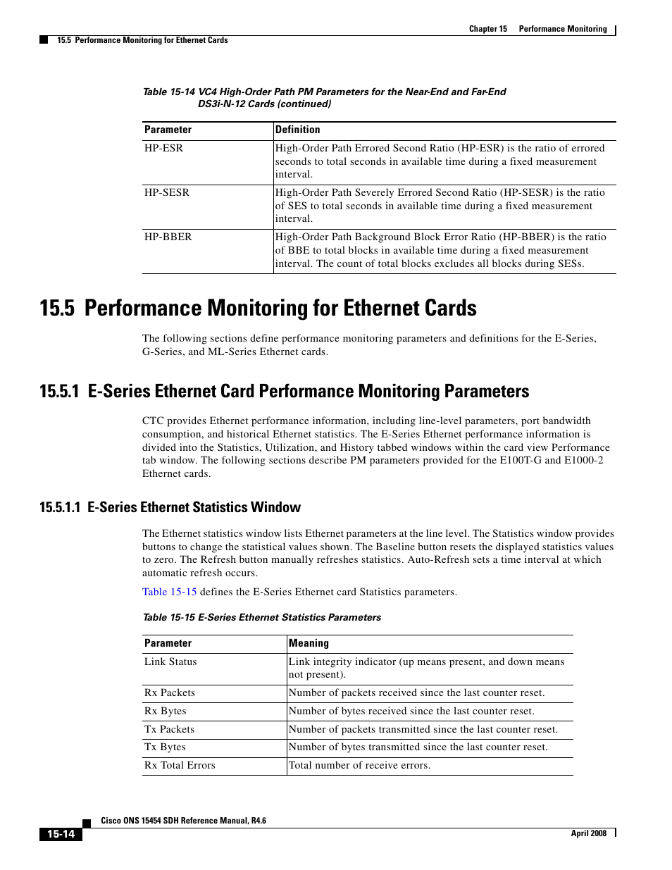 5 performance monitoring for ethernet cards, 1 e-series ethernet statistics window | Cisco ONS 15454 SDH User Manual | Page 14 / 62