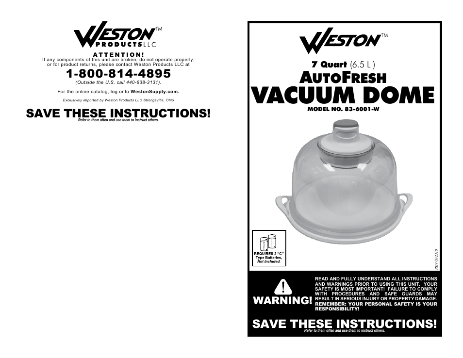 Weston AutoFresh Vacuum Dome User Manual | 4 pages