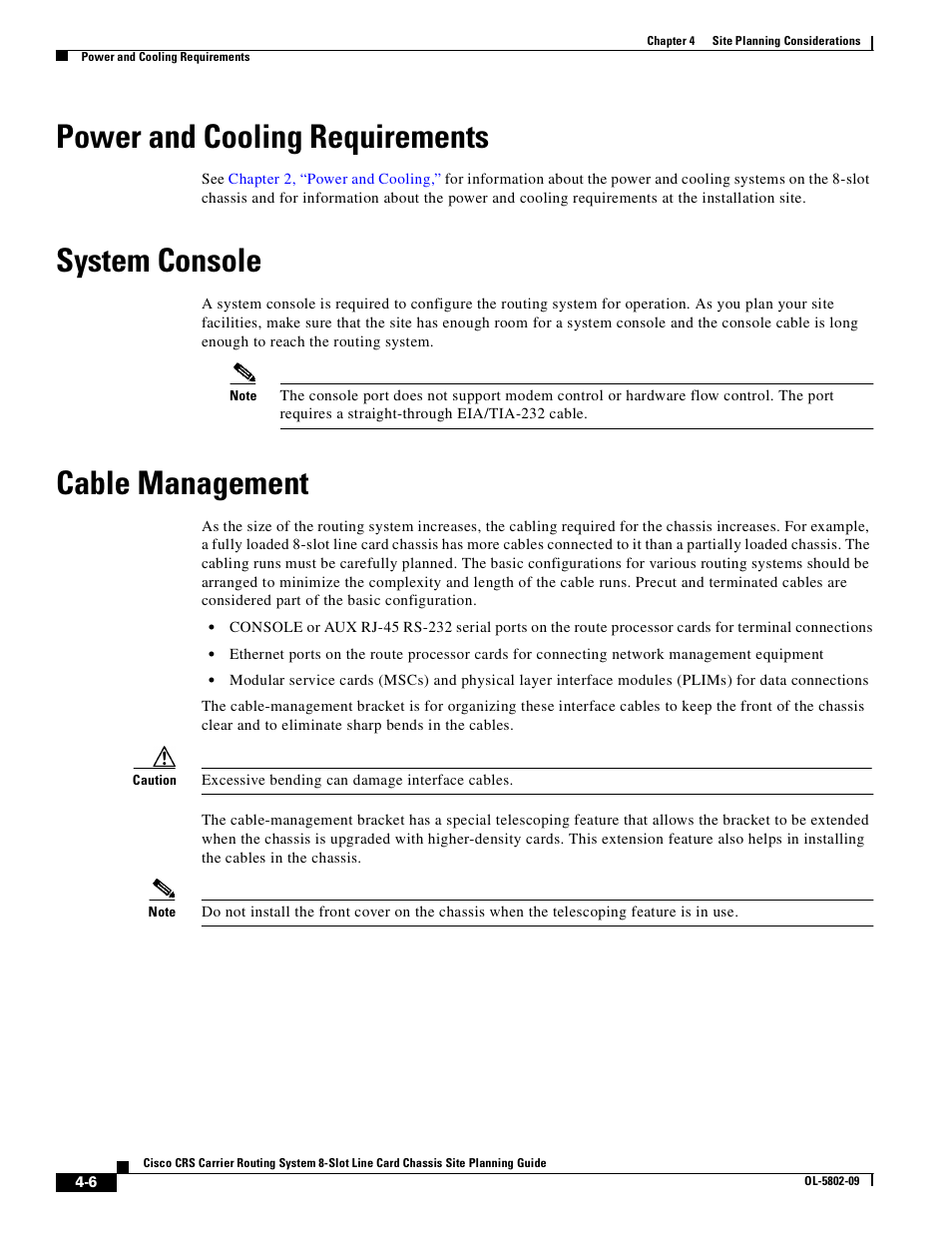 Power and cooling requirements, System console, Cable management | Cisco CRS-1 User Manual | Page 54 / 70