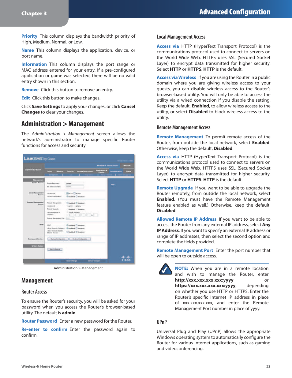 Administration > management, Advanced configuration, Management | Linksys WRT120N User Manual | Page 27 / 55