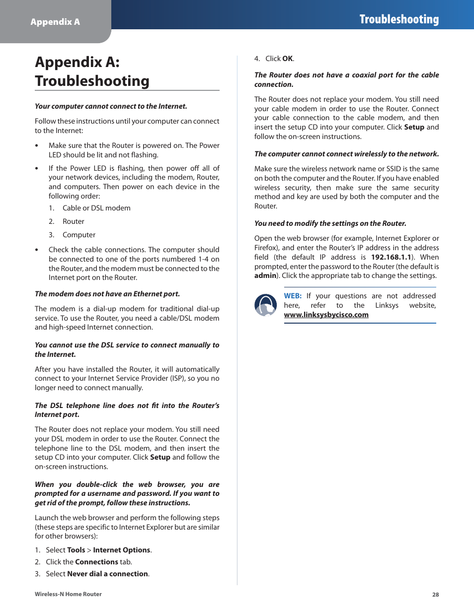 Appendix a: troubleshooting, Troubleshooting | Linksys WRT120N User Manual | Page 32 / 55
