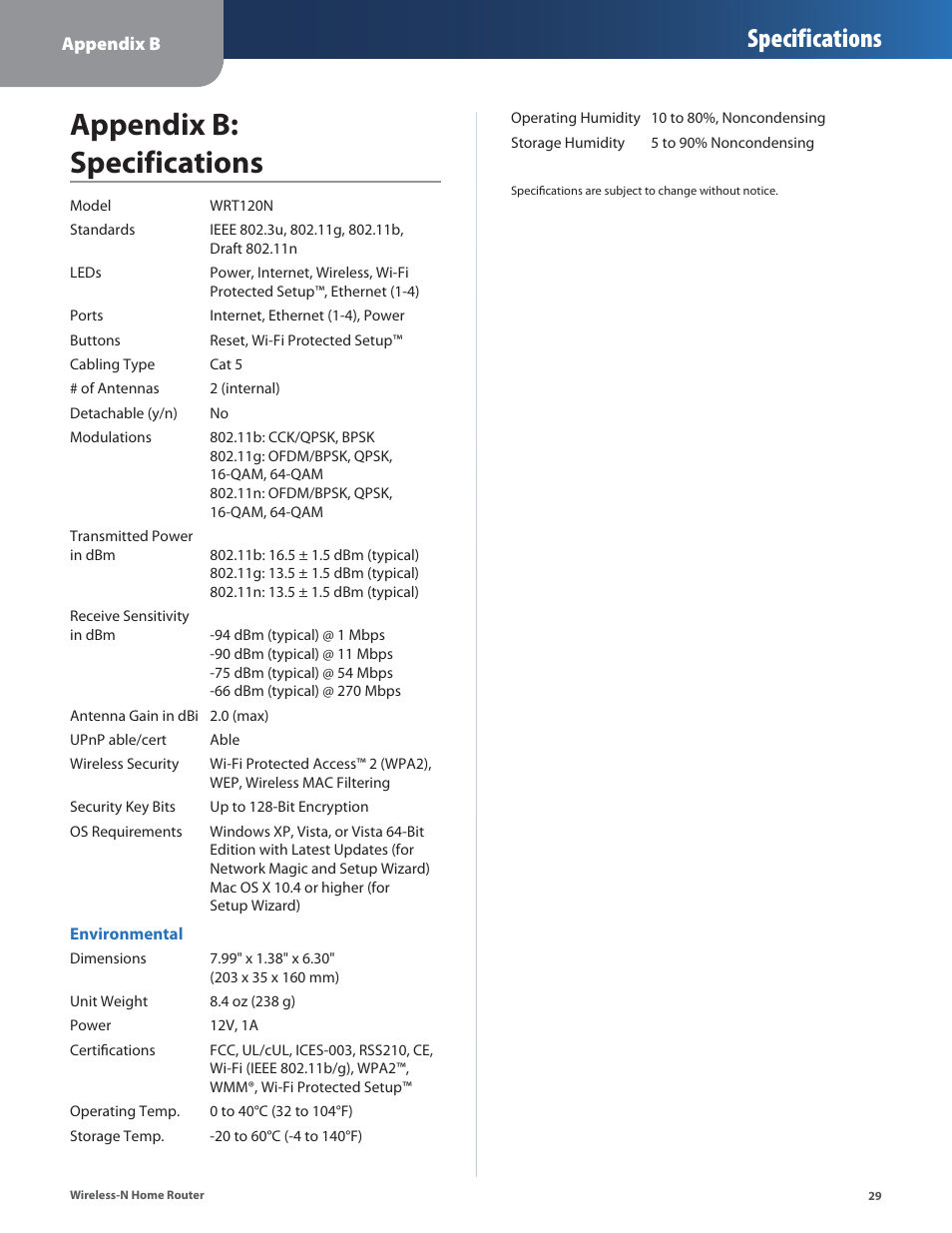 Appendix b: specifications, Specifications | Linksys WRT120N User Manual | Page 33 / 55